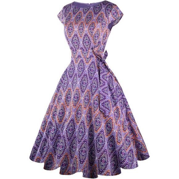 Women's 1950 Boatneck Cap Sleeve Vintage Swing Cocktail Party Dress with Pockets - Picture 5 of 6